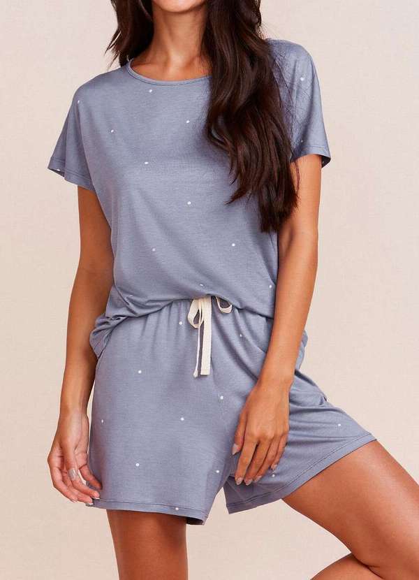 Hope - Pijama Feminino Curto Hope Lcs010 Aof-Azul-Lazuli-Com-Poá-Off-White
