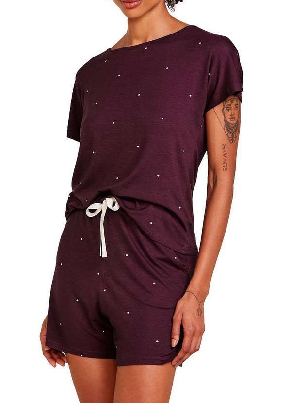 Hope - Pijama Feminino Curto Hope Lcs 010 Ebw-Vinho-Bordo-Com-Poá-Off-White