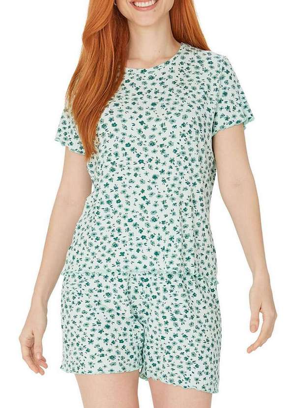 Malwee - Pijama Feminino Curto Malwee 1000121154 Di80a-Verde-Claro-Floral