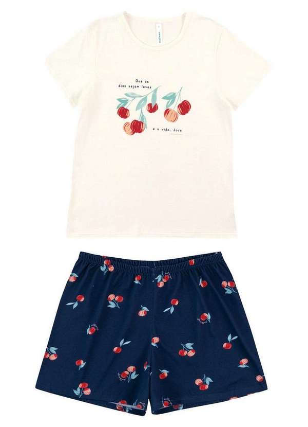 Malwee - Pijama Feminino Curto Malwee 1000133156 01739-Off-White-Marinho