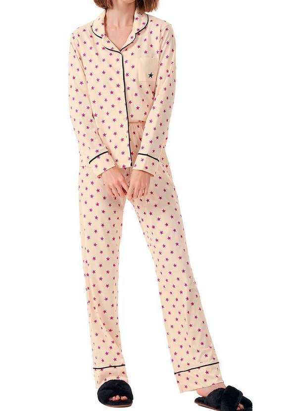 Cor com Amor - Pijama Feminino Longo com Abertura Cor com Amor 13544 Nature-Preto