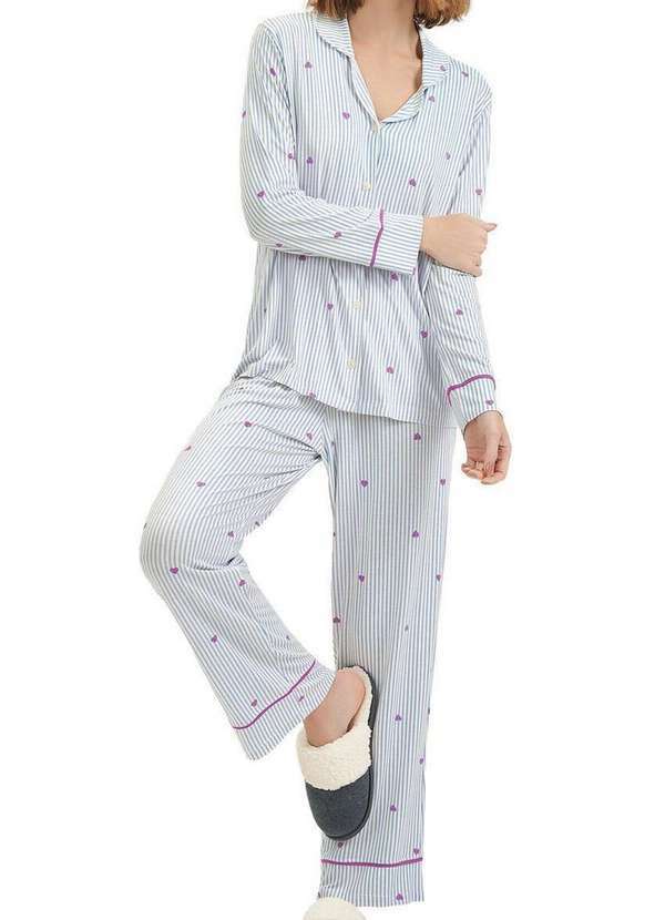 Cor com Amor - Pijama Feminino Longo com Abertura Cor com Amor 2010109 Azul