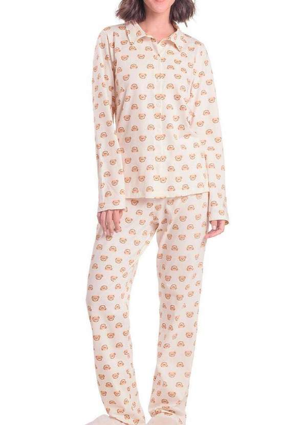 Espaço Pijama - Pijama Feminino Longo com Abertura Espaço Pijama 4010093 Off-White-Ursos