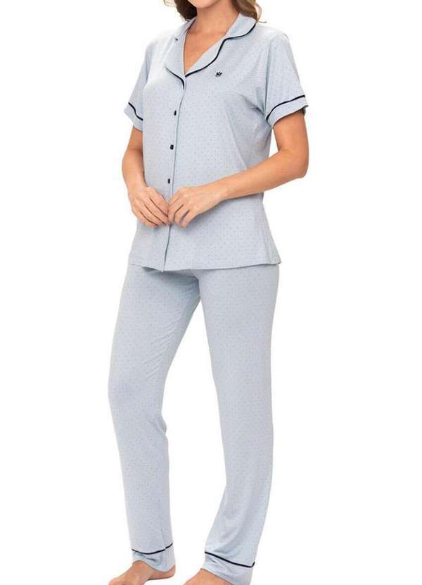 Podiun - Pijama Feminino Longo com Abertura Podiun 235119 Poá-Azul-Claro