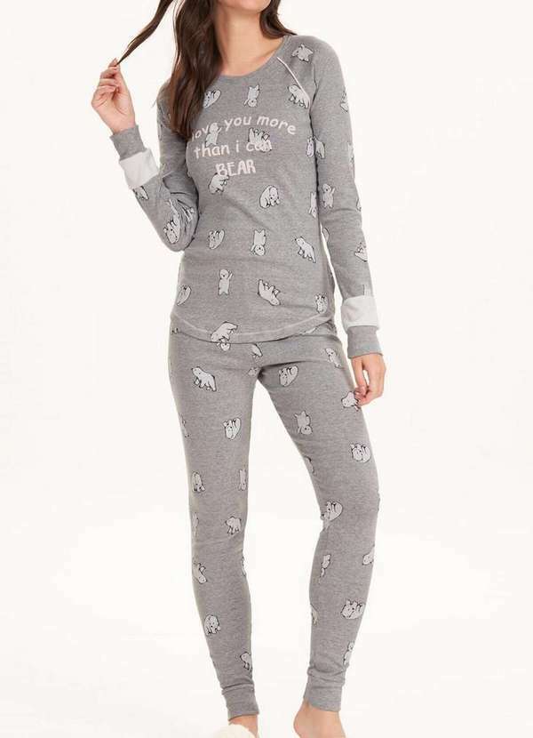 Cor com Amor - Pijama Feminino Longo Cor com Amor 12616 Cinza-Mescla/Ursos