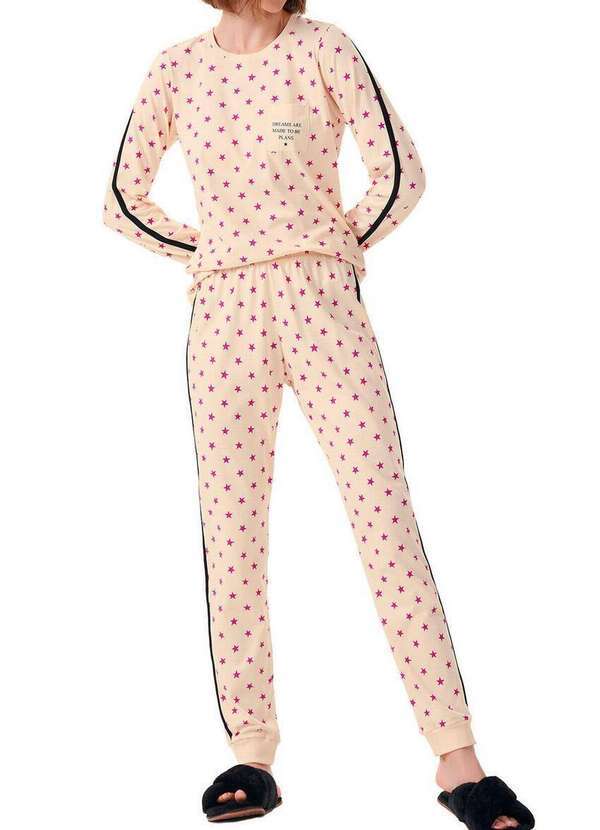 Cor com Amor - Pijama Feminino Longo Cor com Amor 13545 Nature-Preto