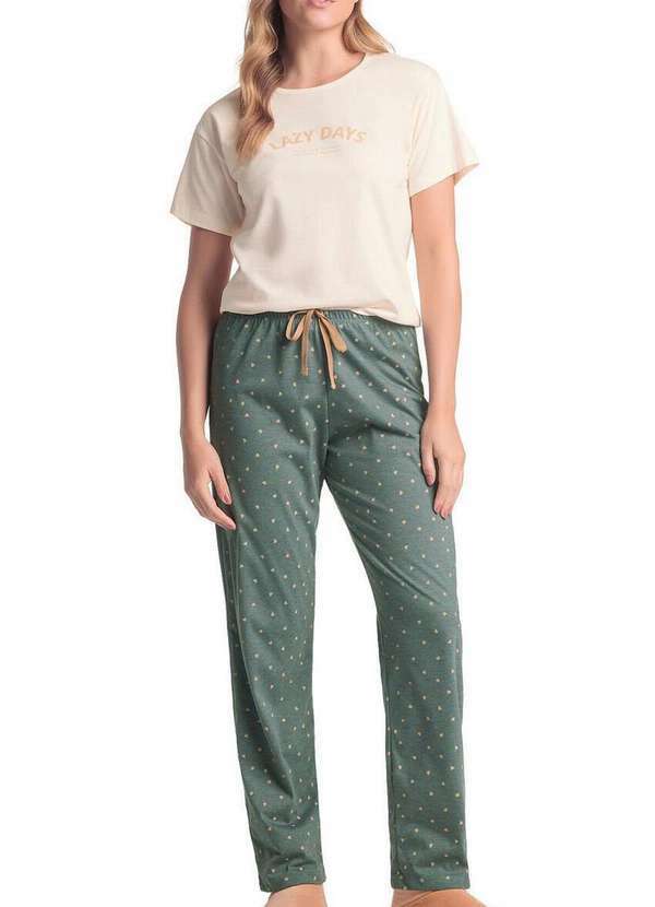 Espaço Pijama - Pijama Feminino Longo Espaço Pijama 4010288 Creme-Verde