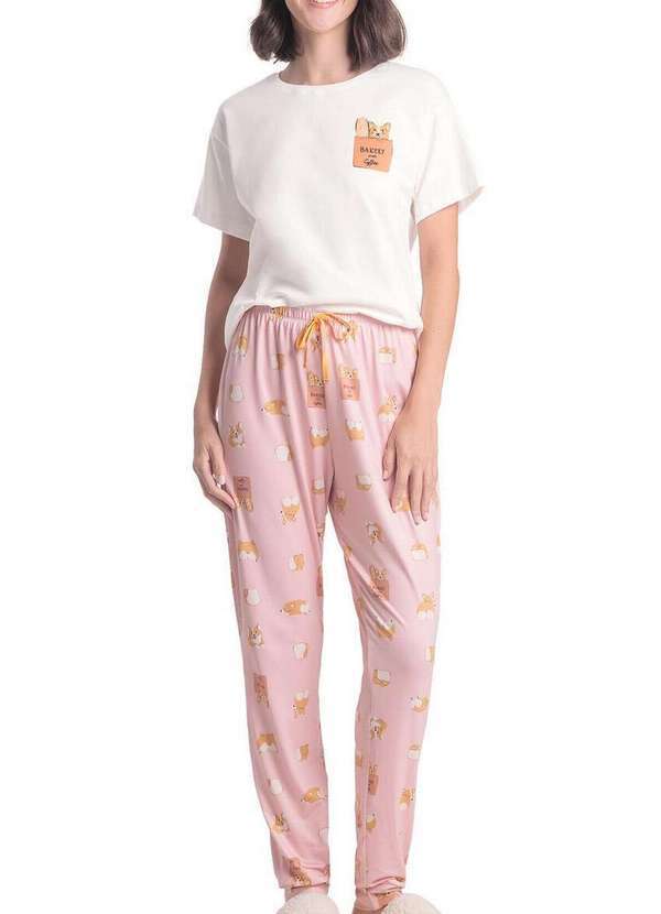 Espaço Pijama - Pijama Feminino Longo Espaço Pijama 4010328 Off-White-Rosa