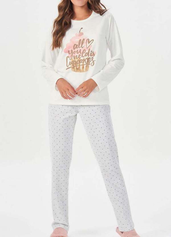 Espaço Pijama - Pijama Feminino Longo Espaço Pijama 40831 Off-White-Cinza-Claro