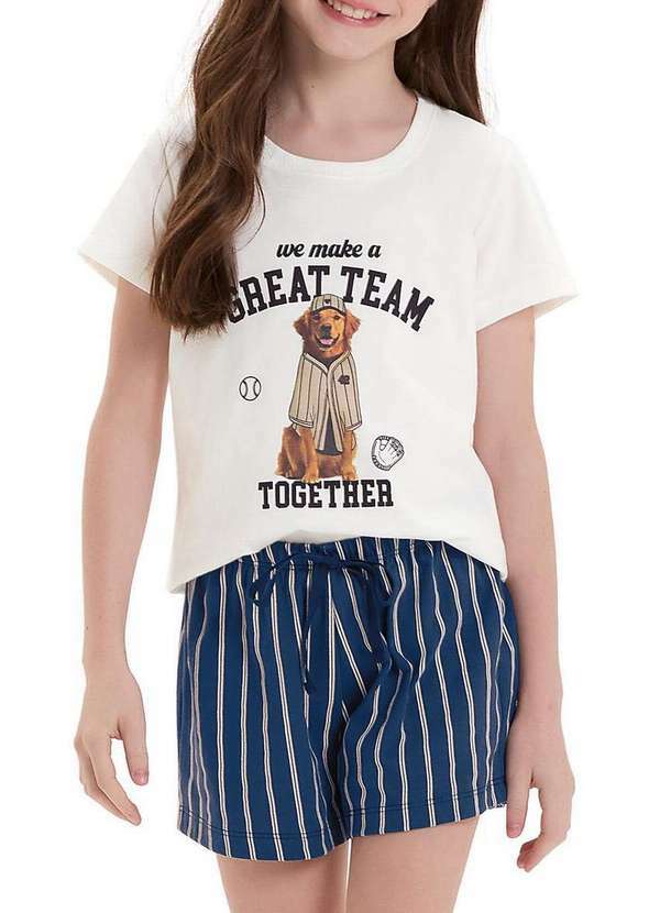 Cor com Amor - Pijama Infantil Menina Curto Cor com Amor 2050151 Off-White-Azul