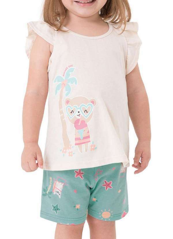 Malwee - Pijama Infantil Menina Curto Malwee 1000131948 02143-Off-White-Verde