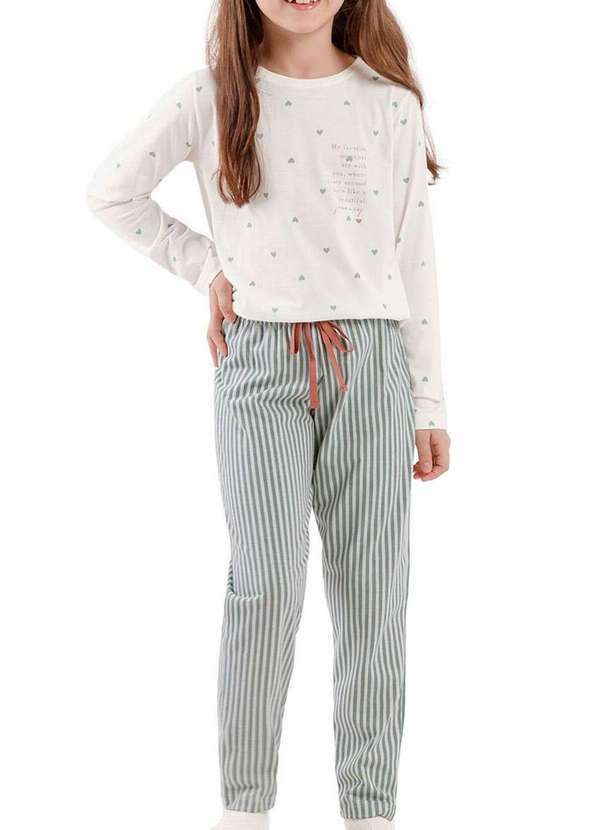 Cor com Amor - Pijama Infantil Menina Longo Cor com Amor 2050090 Off-White-Verde