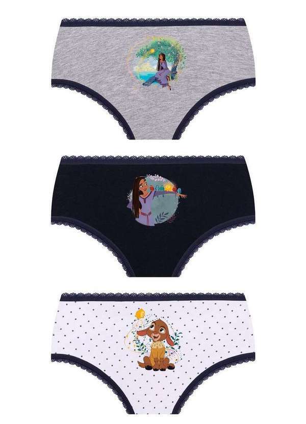 Disney - Kit com 3 Calcinhas Infantil Wish 18204-089 0901-Cinza-Marinho-Branco