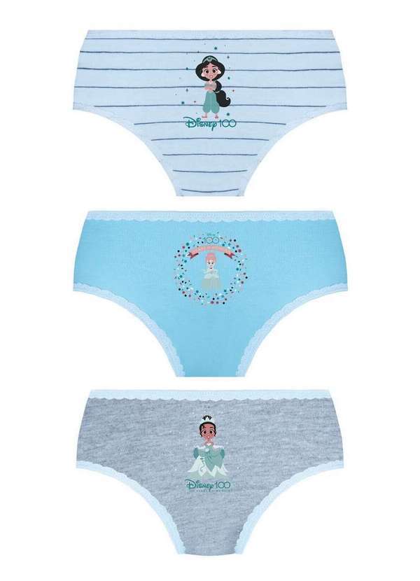 Disney - Kit com 3 Calcinhas Princesas Lupo 18201-089 0917-Branco-Azul-Cinza