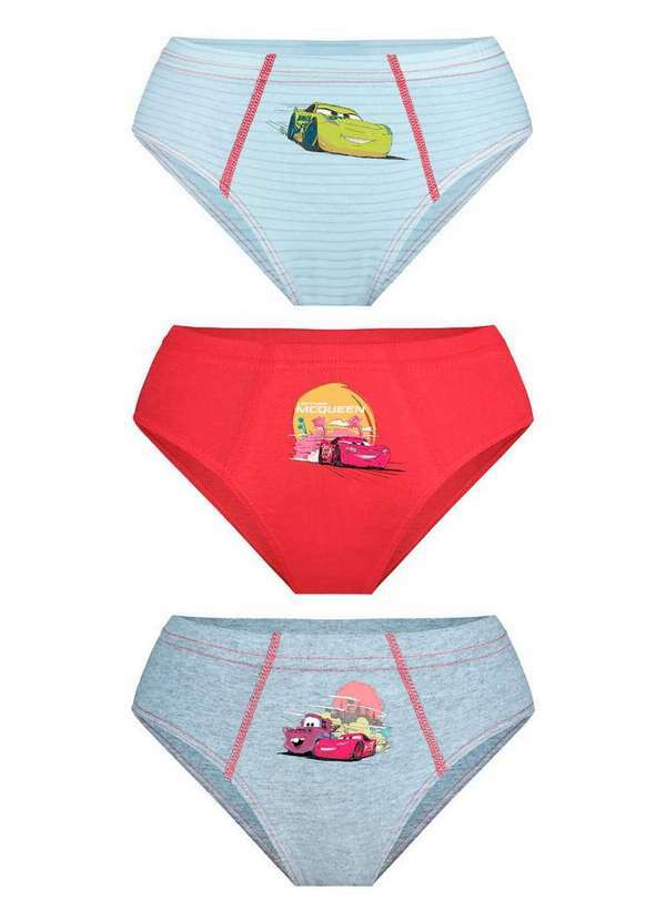 Disney - Kit com 3 Cuecas Infantil Slip Carros Lupo 175-089 0951-Branco-Vermelho-Cinza