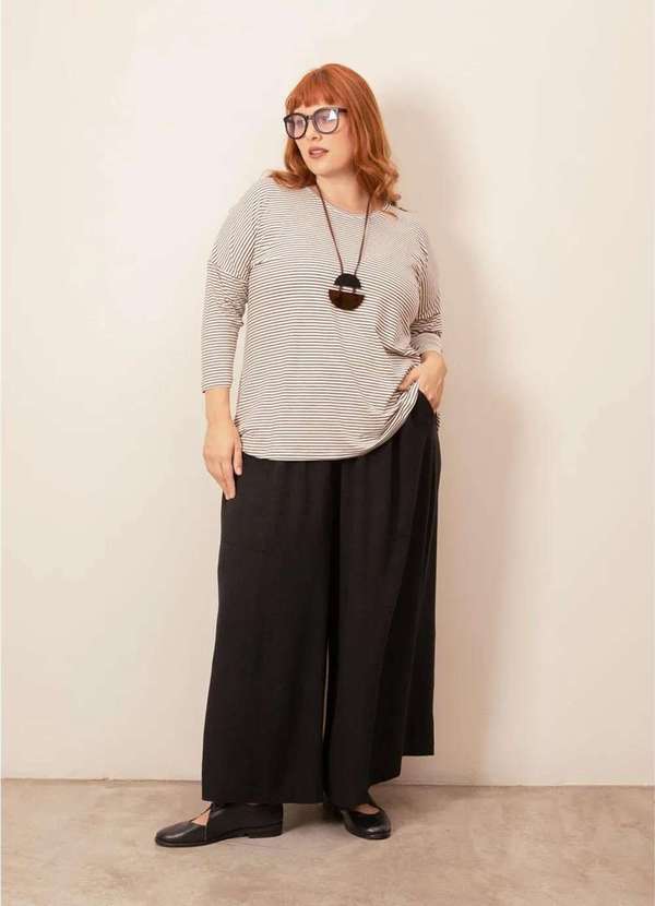 Bold - Blusa Evasê Listrada Davos Evasê Plus Size Branco