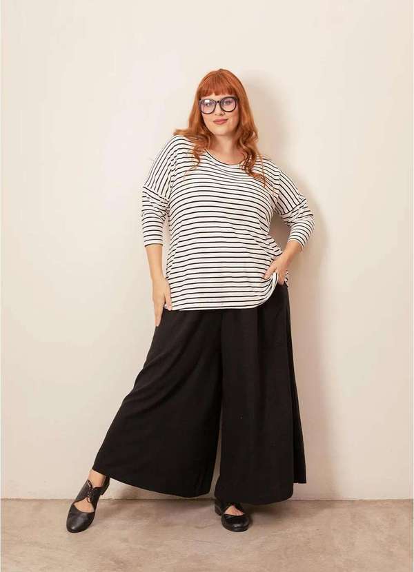 Bold - Blusa Malha Tricô Listrada Plus Size Preto