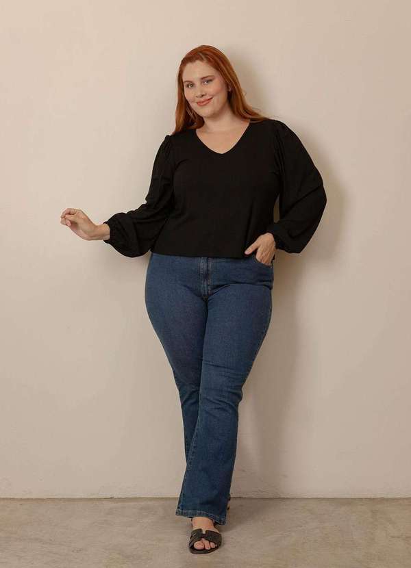 Bold - Blusa Manga Longa Canelada Plus Size Preto