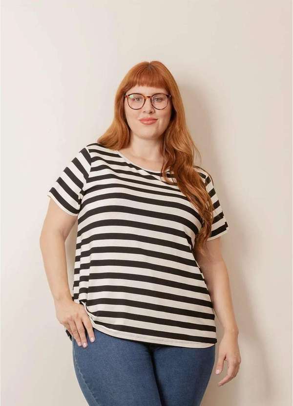 Bold - Camiseta Listrada Decote Redondo Evasê Plus Size Branco