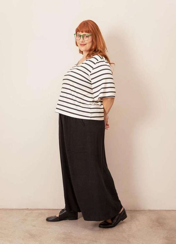 Bold - Camiseta Quadrada Decote V Listrada Plus Size Branco 5