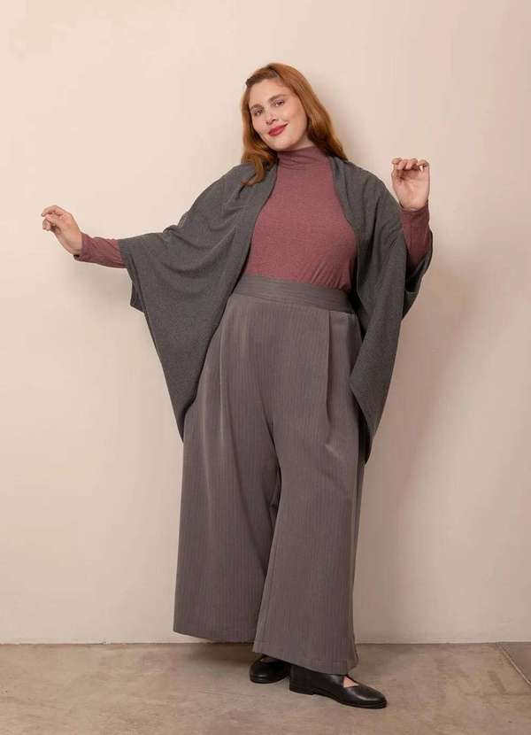 Bold - Calça Pantalona Alfaiataria Risca de Giz Plus Size Cinza 5