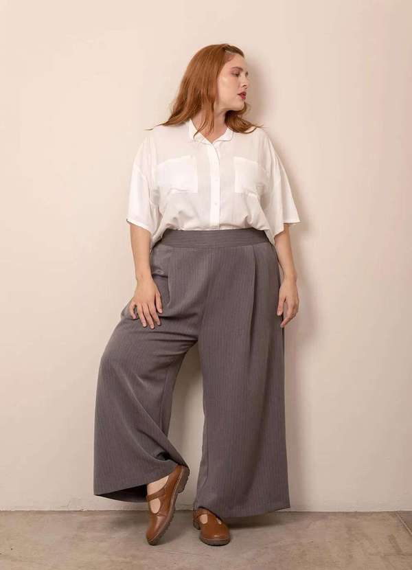 Bold - Calça Pantalona Alfaiataria Risca de Giz Plus Size Cinza 8