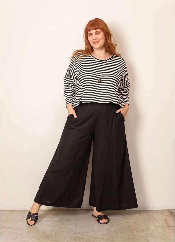 Bold - Calça Pantalona Super Ampla Linho Plus Size Preto