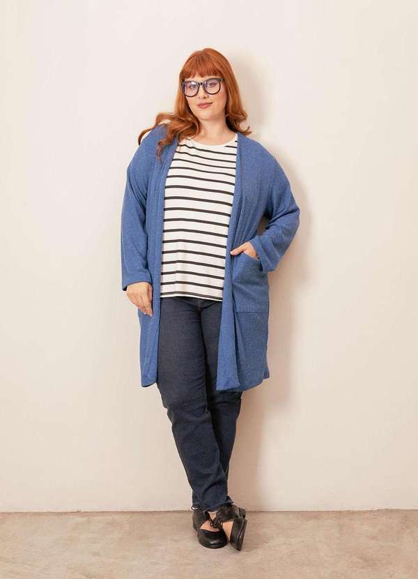 Bold Tricotaria - Cardigan Longo Tricô Canelado Plus Size Azul