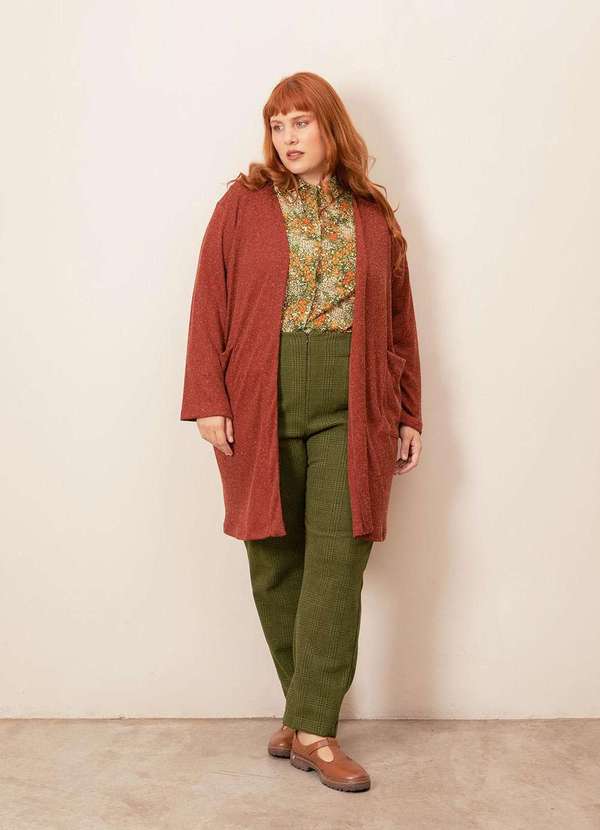 Bold Tricotaria - Cardigan Longo Tricô Canelado Plus Size Marrom 6