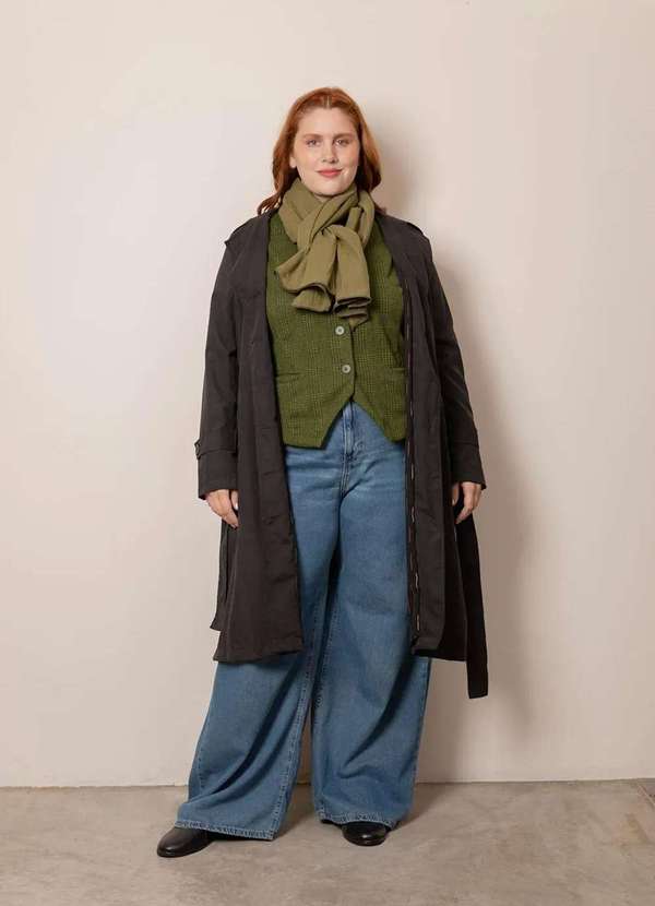 Bold - Casaco Trench Coat Forro Estampado Plus Size Preto