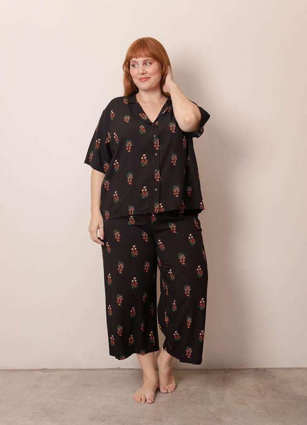 Bold Sleep - Pijama Clássico Floral Plus Size Preto