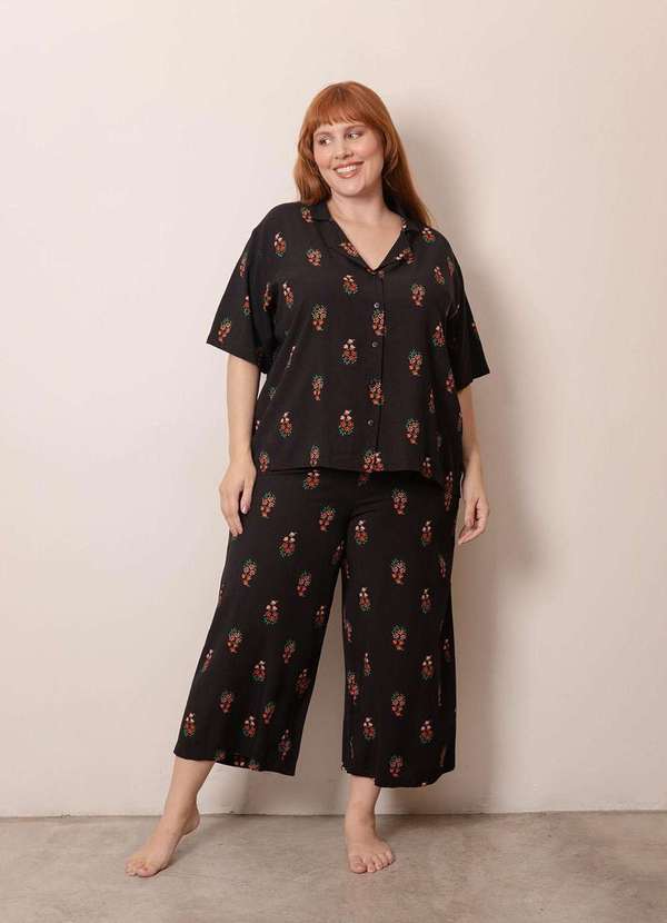 Bold Sleep - Pijama Clássico Floral Plus Size Preto 8