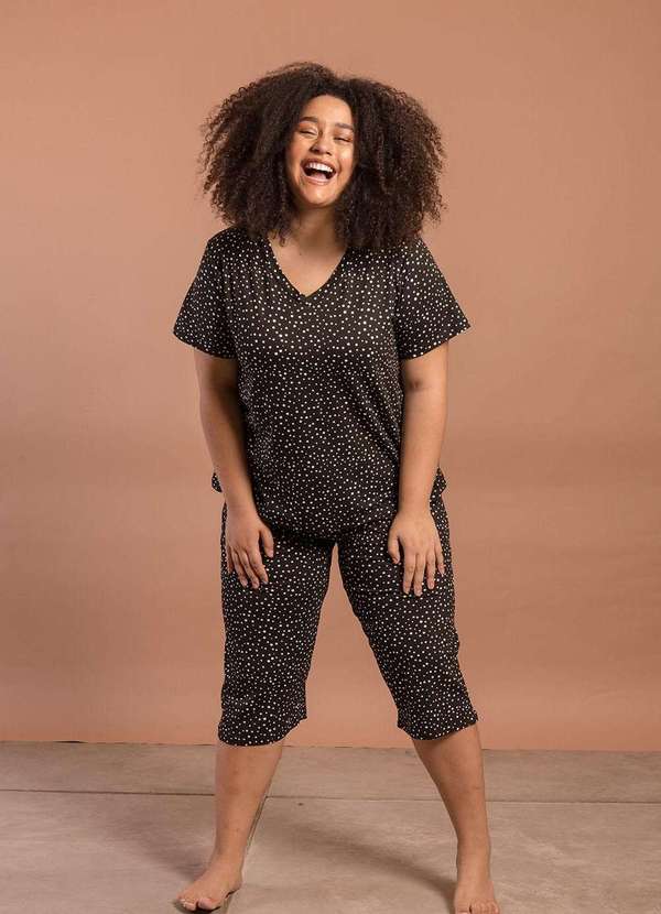 Bold Sleep - Pijama Pantacourt Poá Plus Size Preto