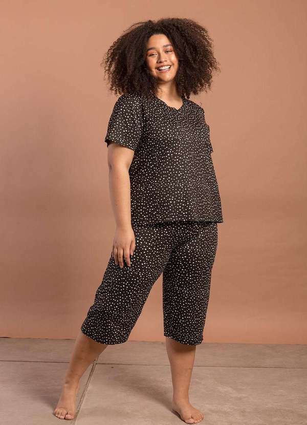 Bold Sleep - Pijama Pantacourt Poá Plus Size Preto 2