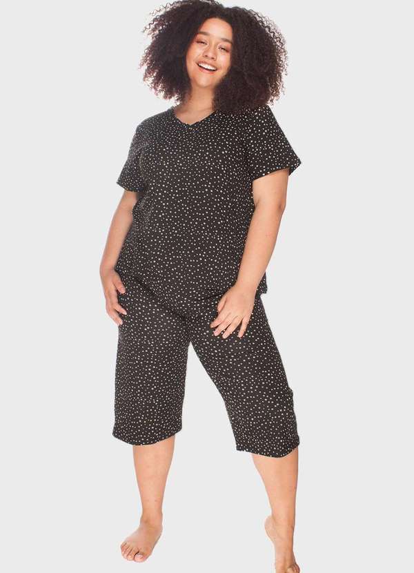 Bold Sleep - Pijama Pantacourt Poá Plus Size Preto 7