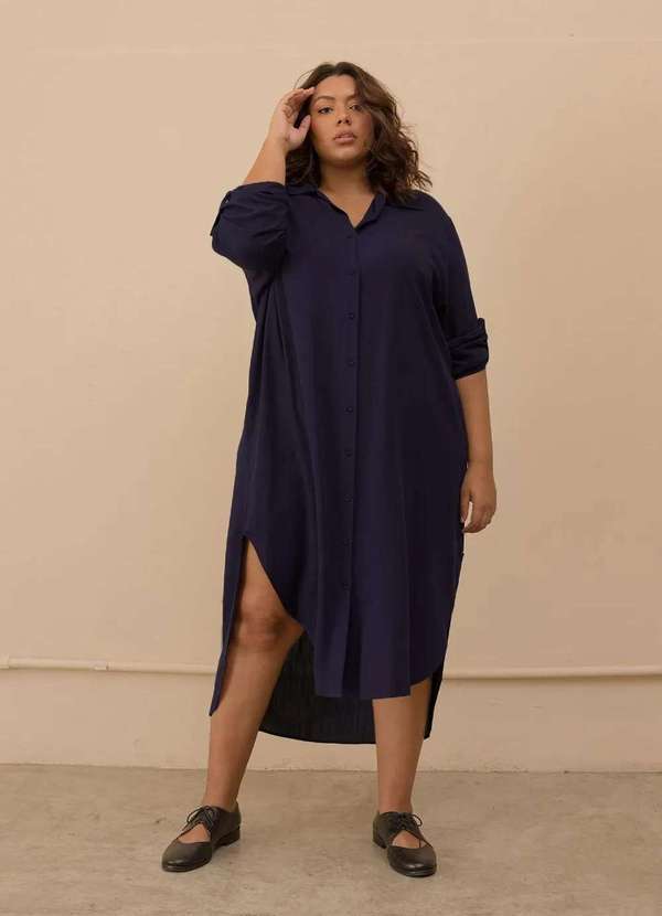 Bold - Vestido Chemise Longo com Fendas Plus Size Azul