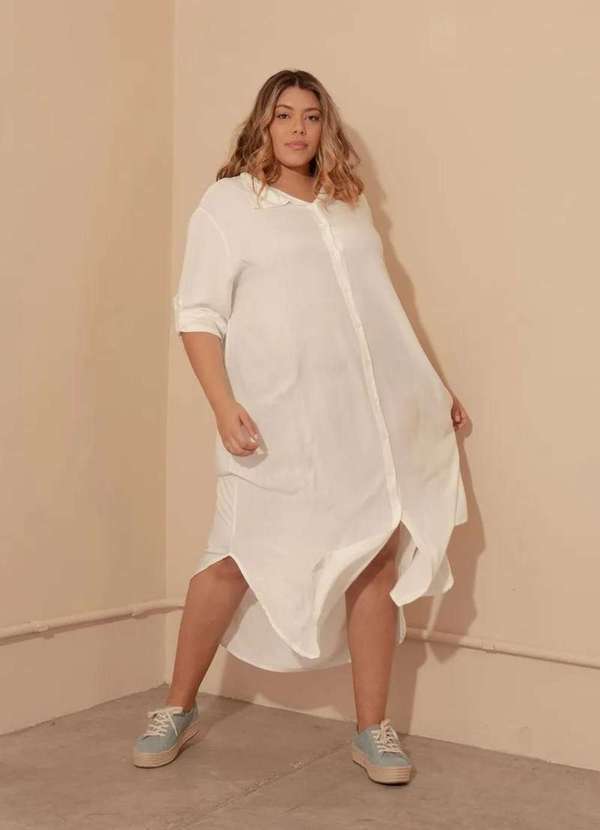 Bold - Vestido Chemise Longo com Fendas Plus Size Branco