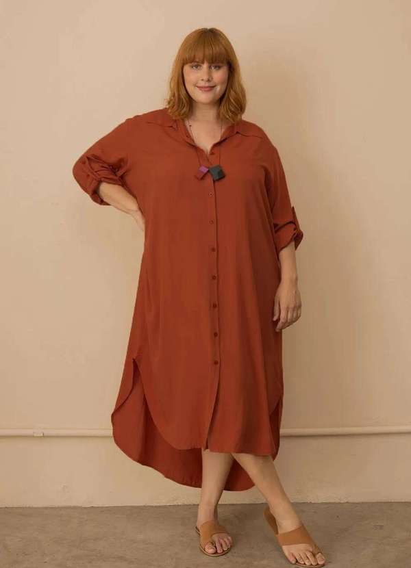 Bold - Vestido Chemise Longo com Fendas Plus Size Laranja
