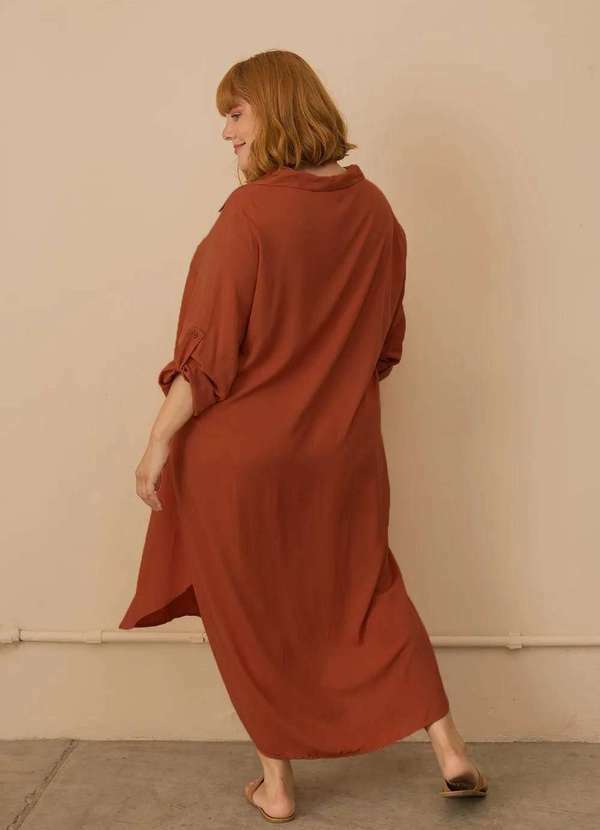 Bold - Vestido Chemise Longo com Fendas Plus Size Laranja 3