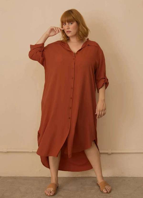 Bold - Vestido Chemise Longo com Fendas Plus Size Laranja 4