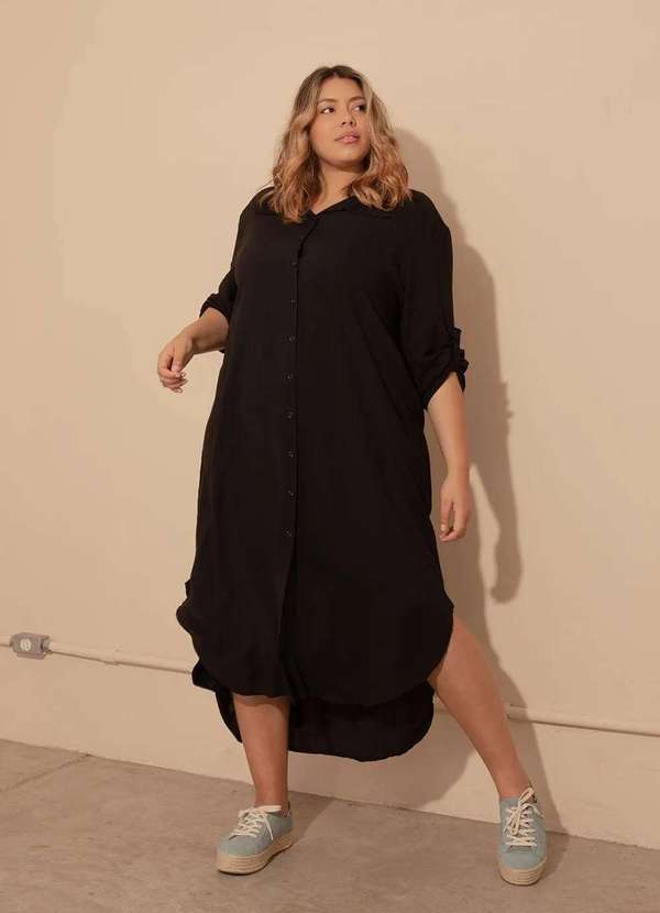 Bold - Vestido Chemise Longo com Fendas Plus Size Preto