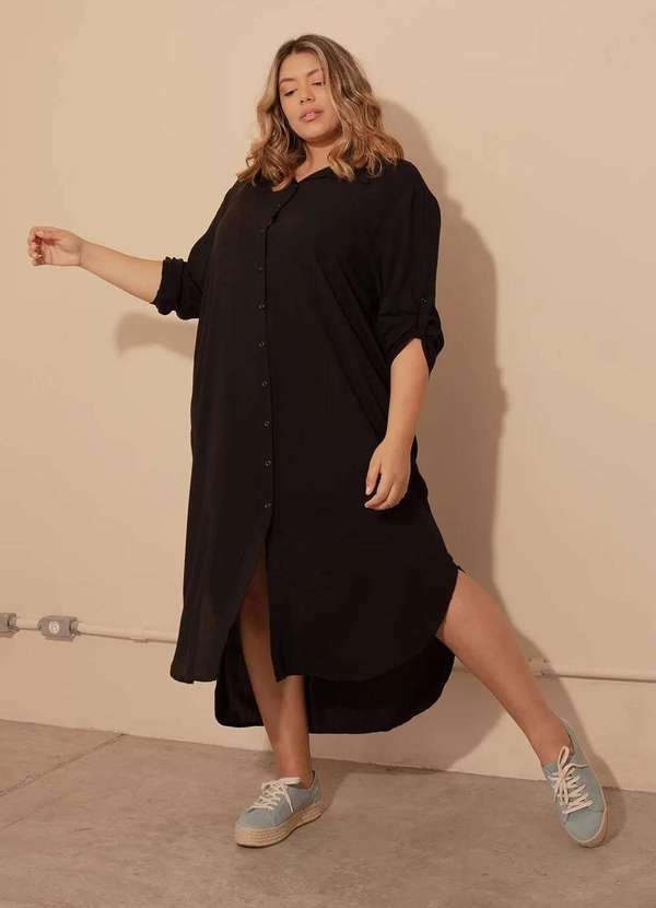 Bold - Vestido Chemise Longo com Fendas Plus Size Preto 2
