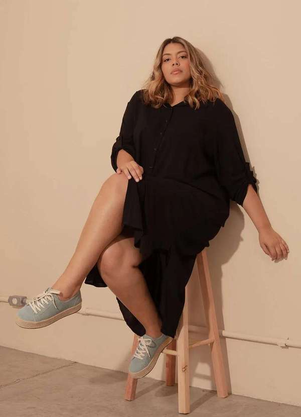 Bold - Vestido Chemise Longo com Fendas Plus Size Preto 4