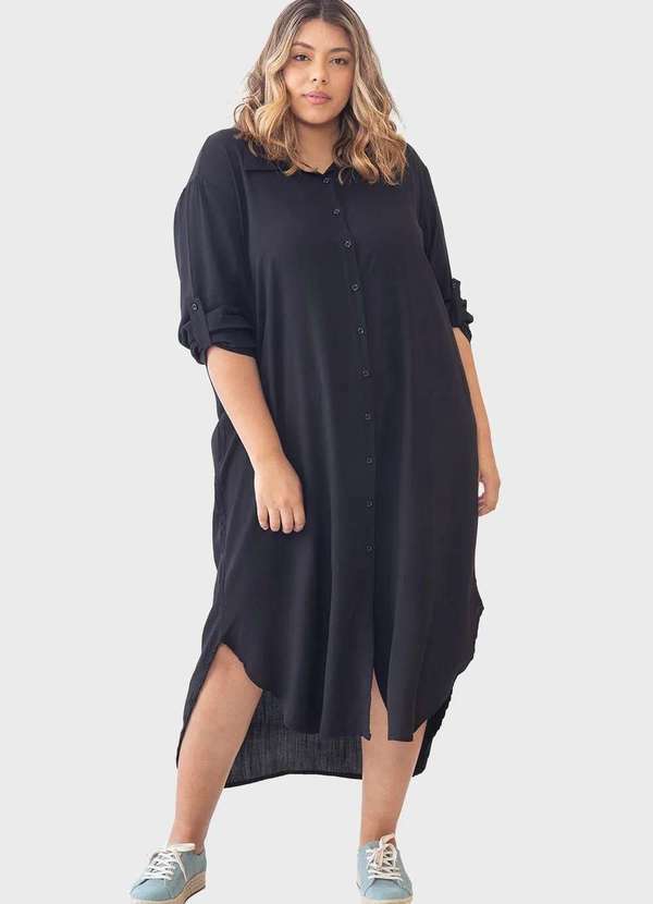 Bold - Vestido Chemise Longo com Fendas Plus Size Preto 6