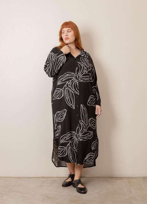 Bold - Vestido Chemise Longo com Fendas Plus Size Preto 2