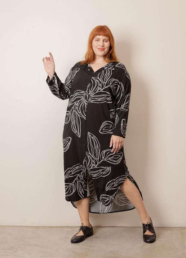 Bold - Vestido Chemise Longo com Fendas Plus Size Preto 3