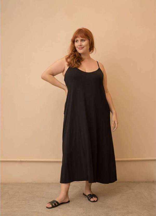 Bold - Vestido Longo com Alças Finas Plus Size Preto