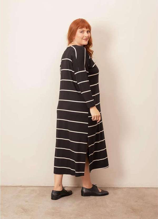 Bold - Vestido Midi Manga Longa Listrado Plus Size Preto 2