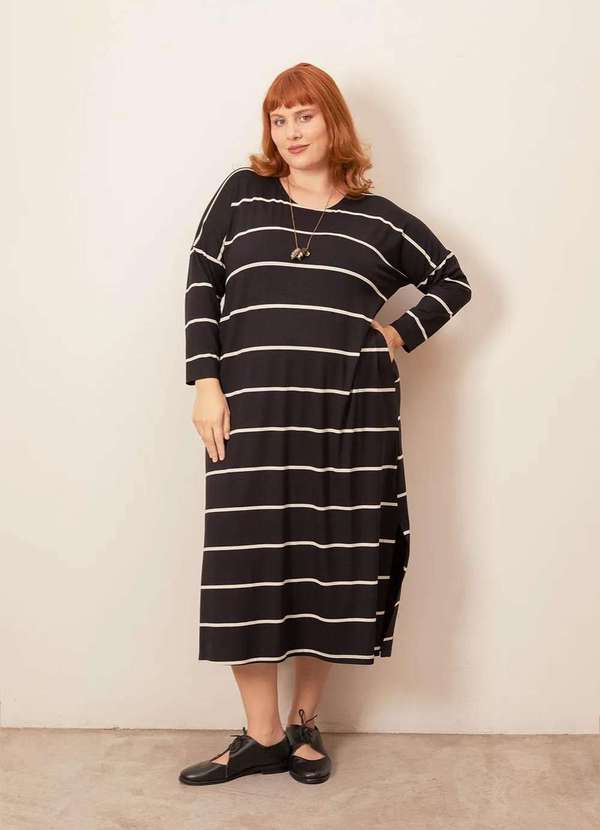 Bold - Vestido Midi Manga Longa Listrado Plus Size Preto 3