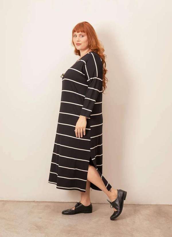 Bold - Vestido Midi Manga Longa Listrado Plus Size Preto 4